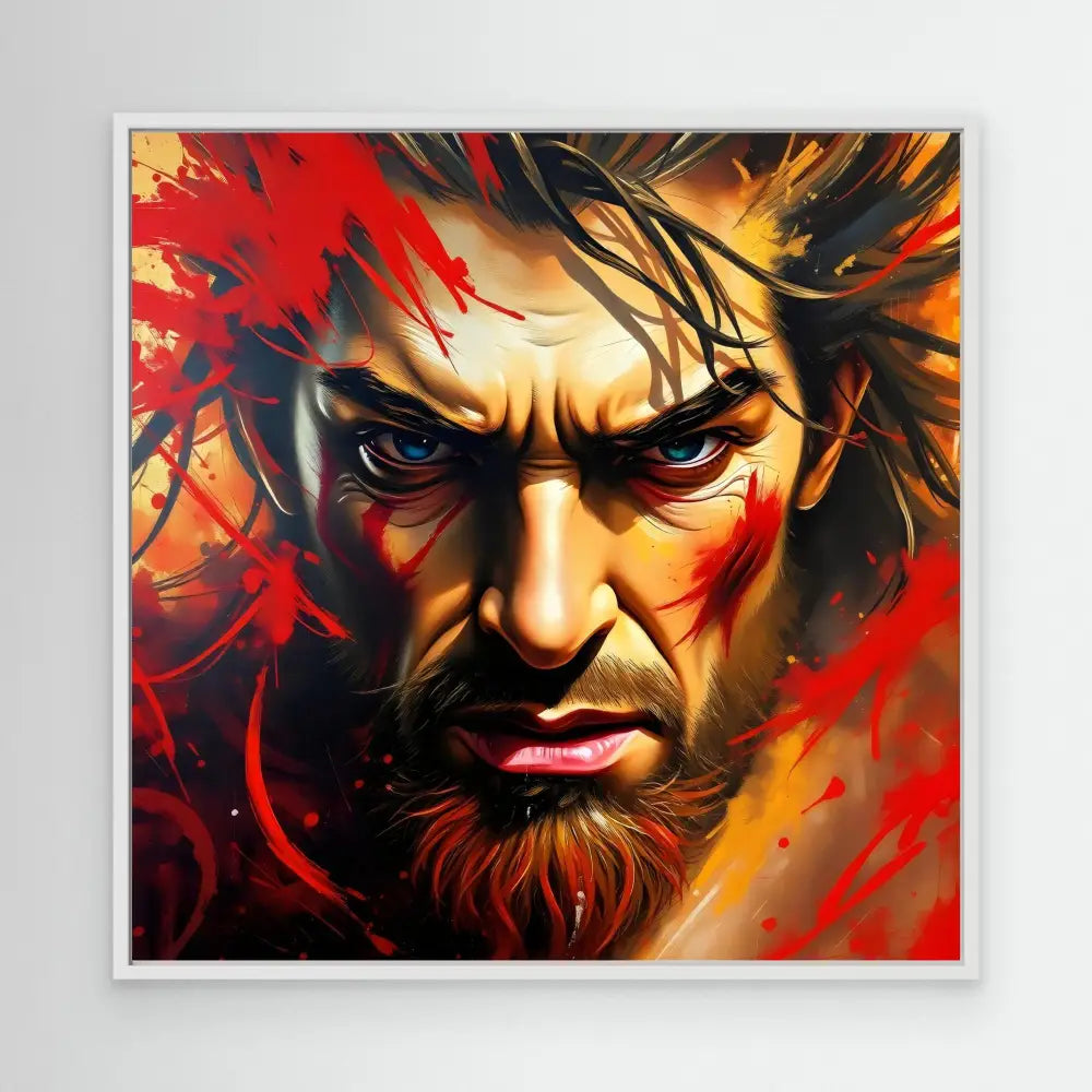 Dramatic digital artwork portrait featuring intense eyes and a dark beard amid swirling red and orange colors.