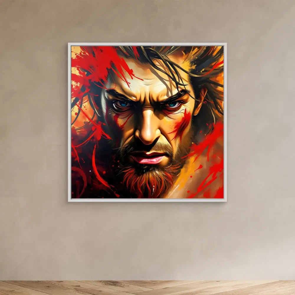 Dramatic digital artwork portrait featuring intense eyes and a red beard against fiery orange and red tones.