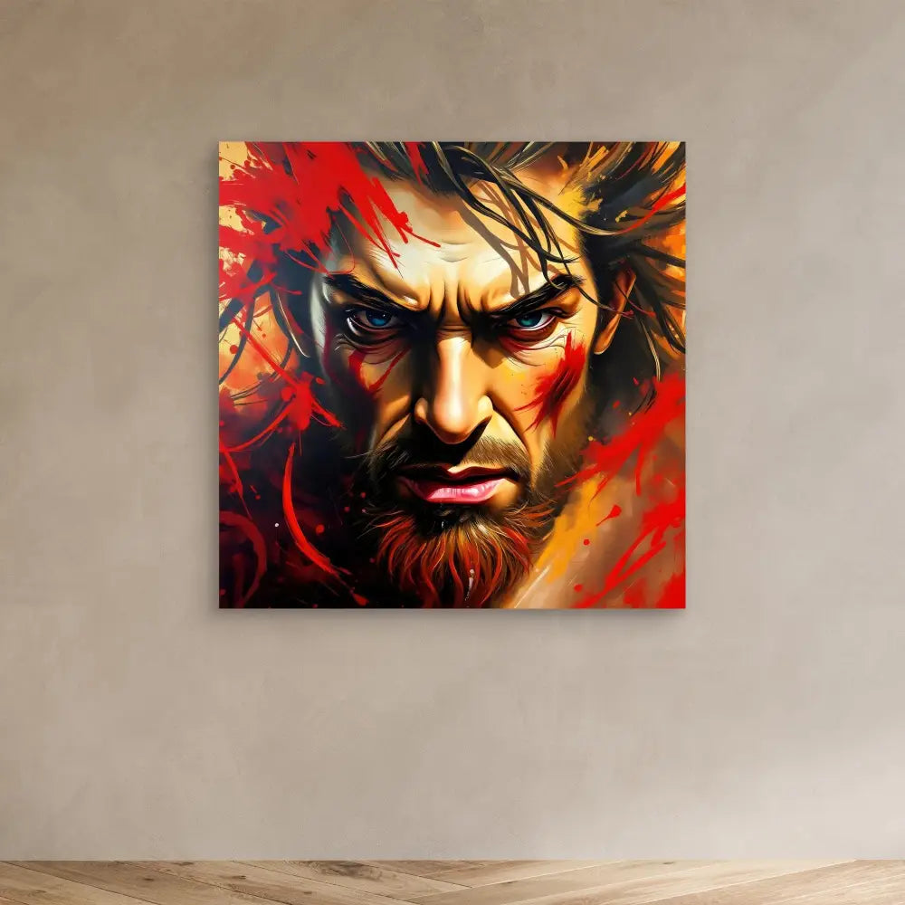 Dramatic digital artwork portrait of Wolverine with intense eyes and red-orange color accents.