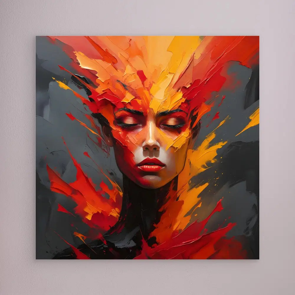 Dramatic digital portrait painted in fiery red, orange and yellow tones against dark shadows.