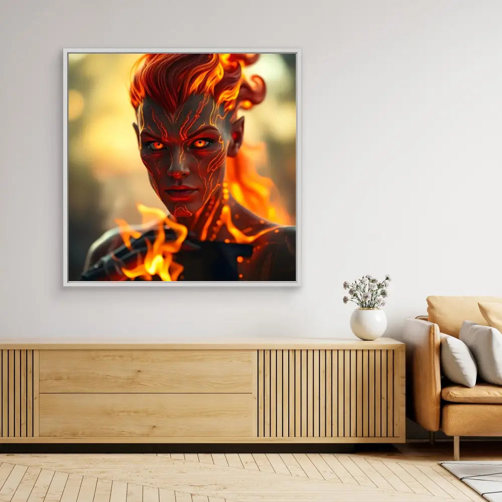 A dramatic fantasy art portrait showing a fiery demonic figure with glowing eyes and flames.