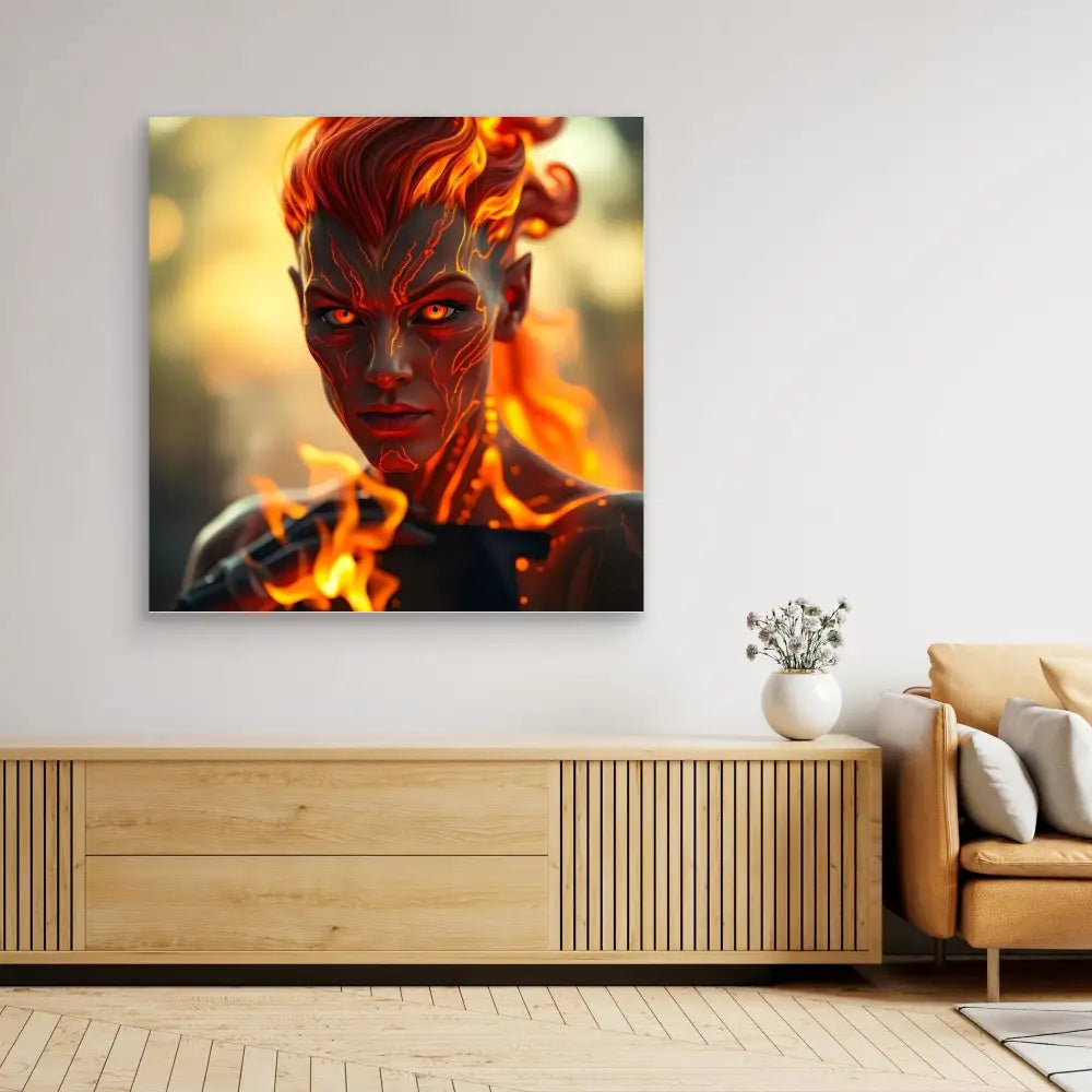 A dramatic fantasy artwork depicting a fiery demonic figure with glowing eyes and flame-like features.