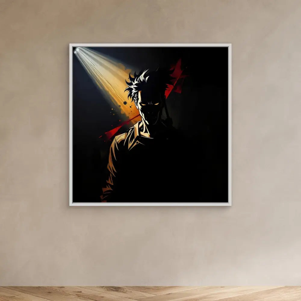 A dramatic framed artwork showing a performer in a spotlight with red accents.