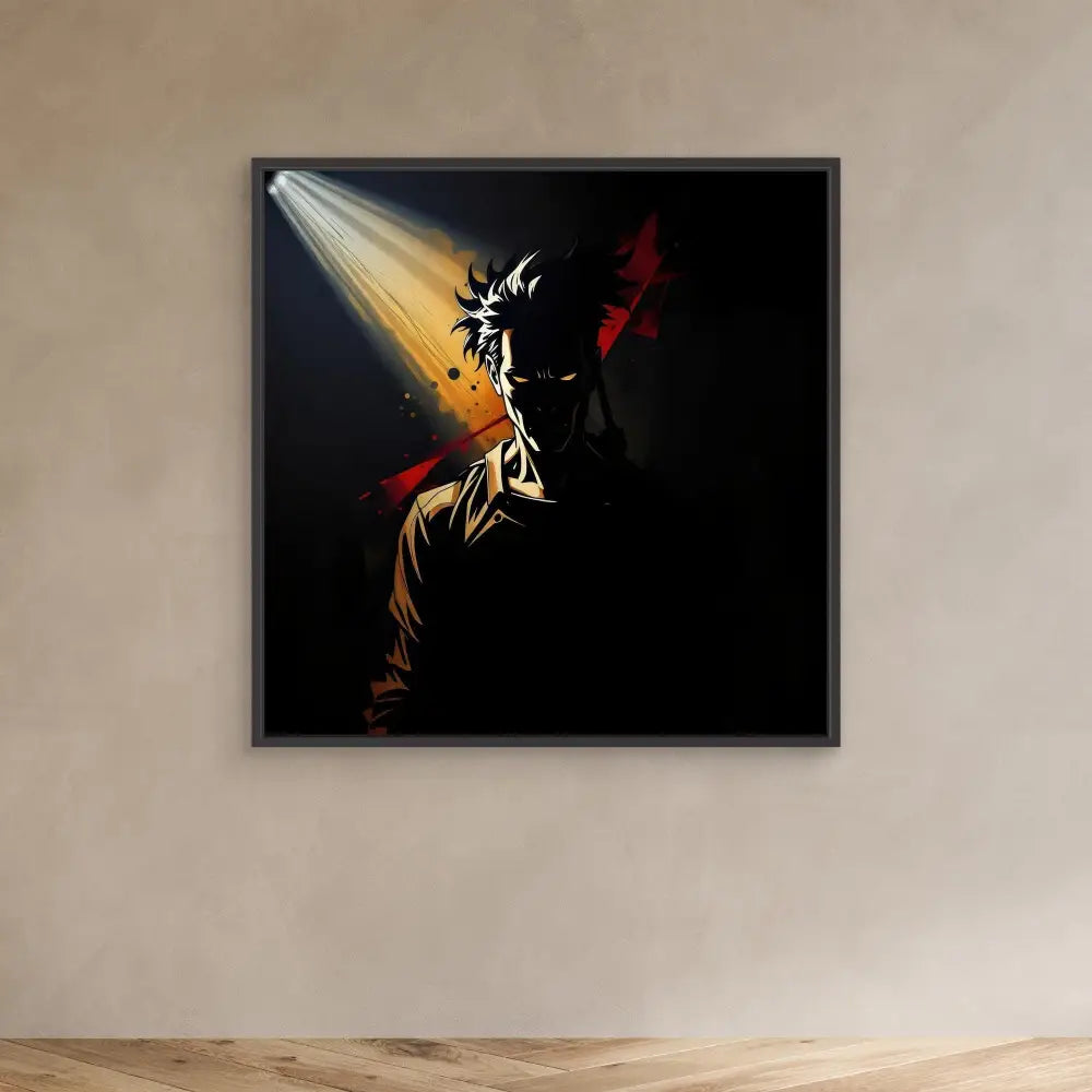 Dramatic framed artwork depicting a performer in a spotlight with red accents against a dark background.