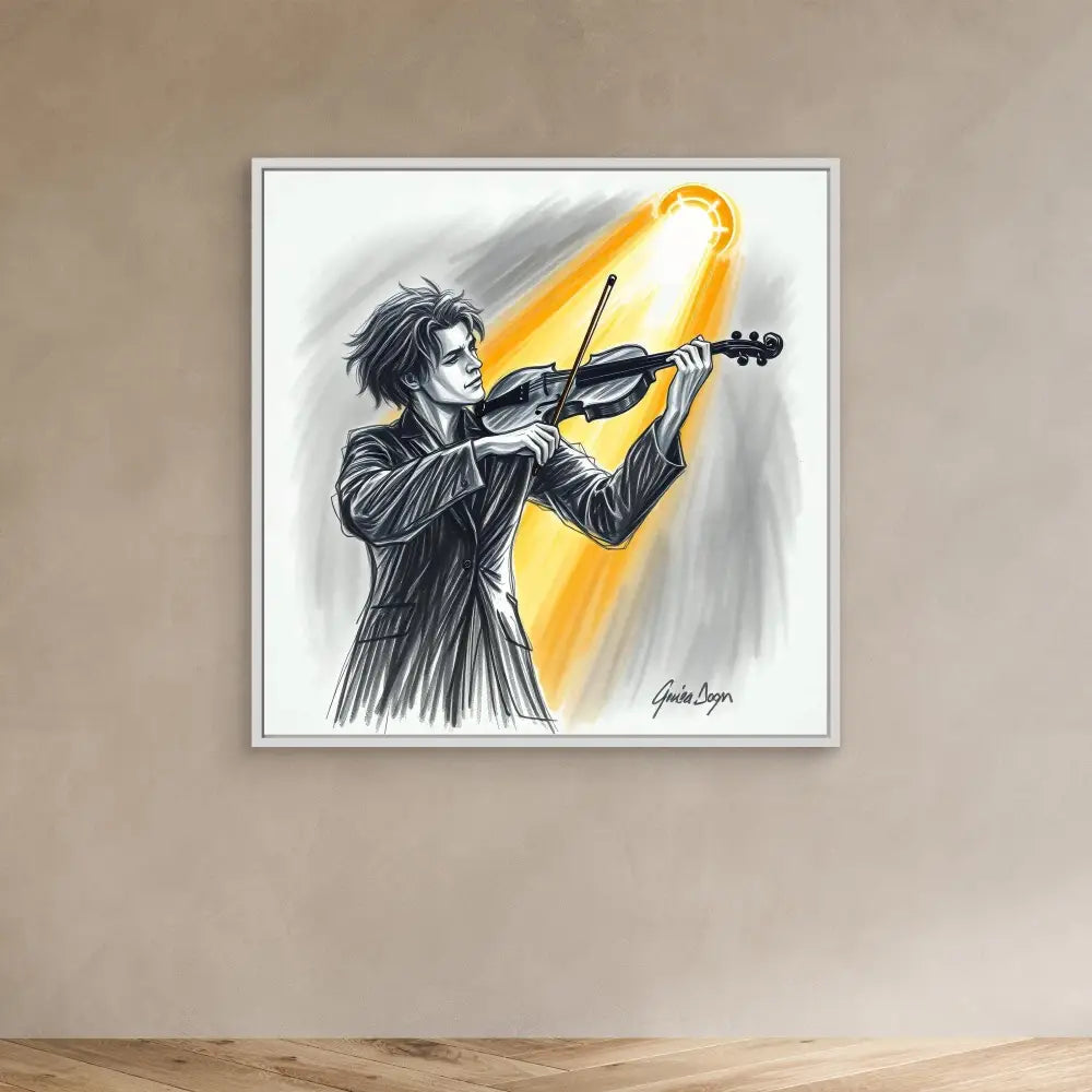 A dramatic illustration of a violinist performing in a black coat with a glowing orange light emanating from the instrument.