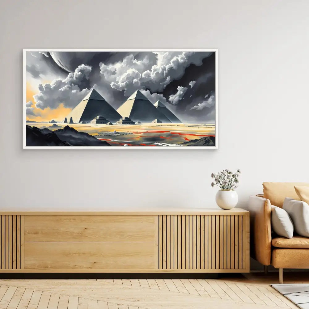 A dramatic landscape painting of pyramids under stormy clouds with golden sunlight breaking through.