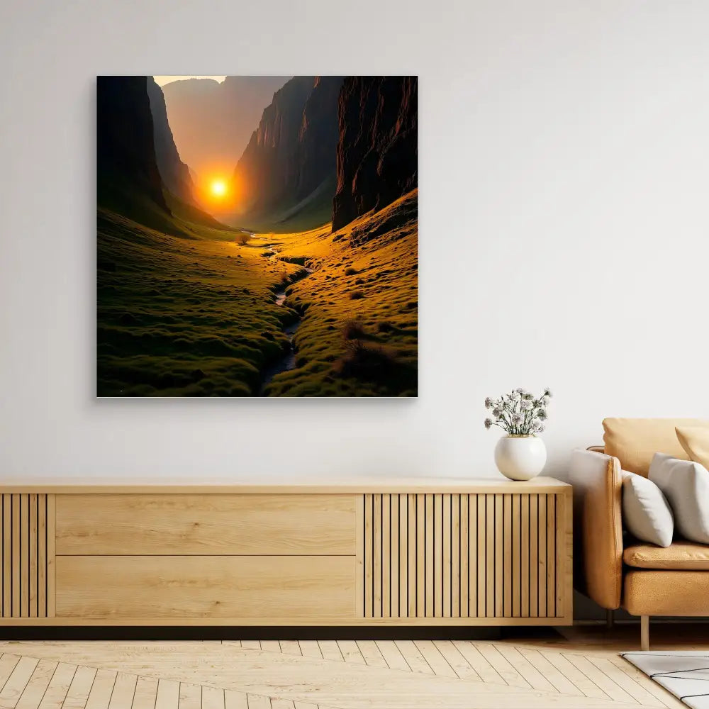 A dramatic landscape photograph of a canyon with a sunset and meandering stream mounted as wall art.