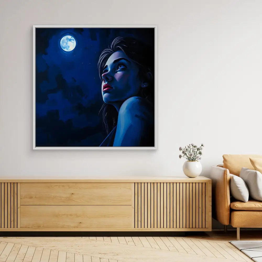 A dramatic moonlit portrait artwork mounted on a wall.