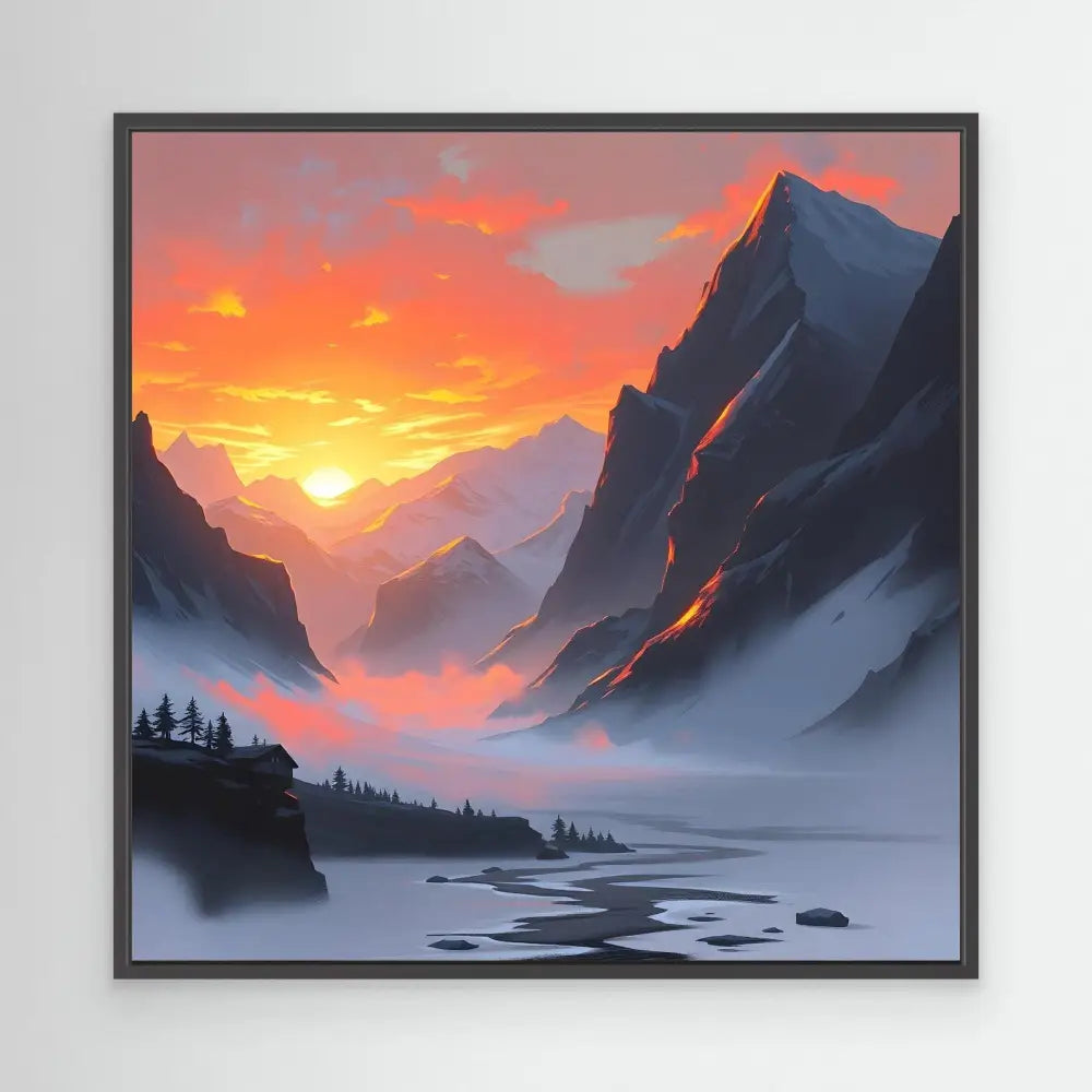 A dramatic mountain landscape with a fiery sunset casting orange light across snowy peaks and a misty valley below.