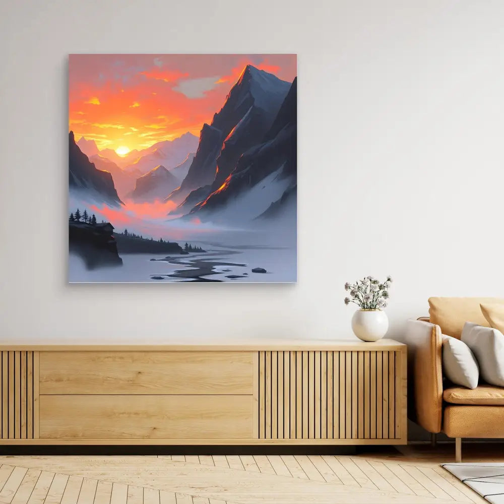 A dramatic mountain landscape painting with a vibrant orange sunset and misty valley.