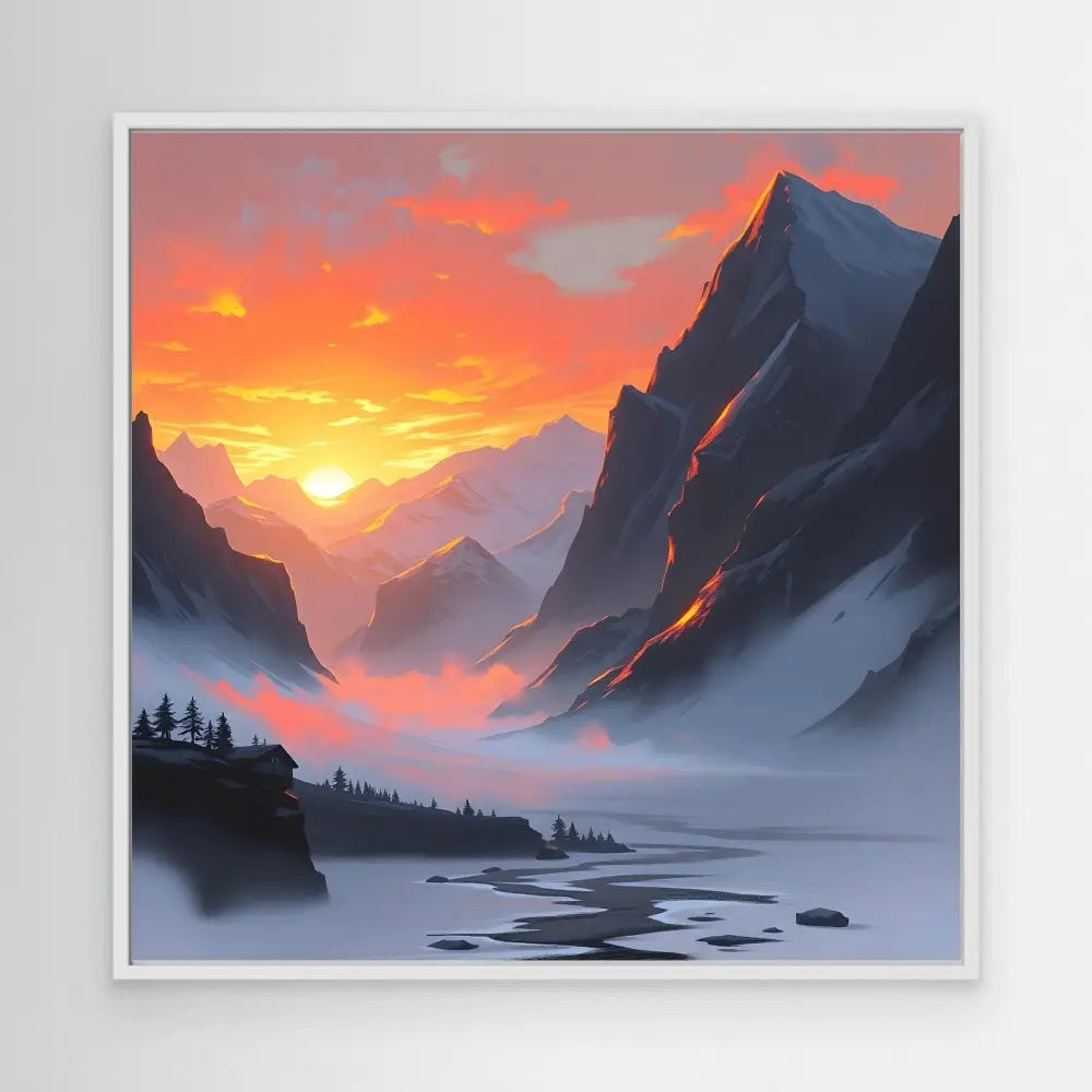 A dramatic mountain landscape at sunset with glowing orange skies and misty valleys.