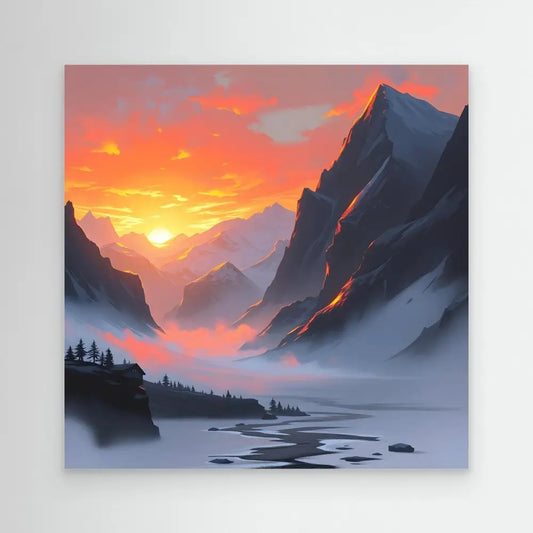 A dramatic mountain landscape at sunset with glowing orange sky and misty valley below.