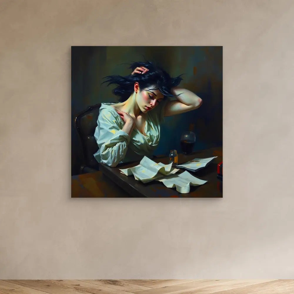 A dramatic oil painting of someone reading scattered papers while wearing a light-colored blouse.