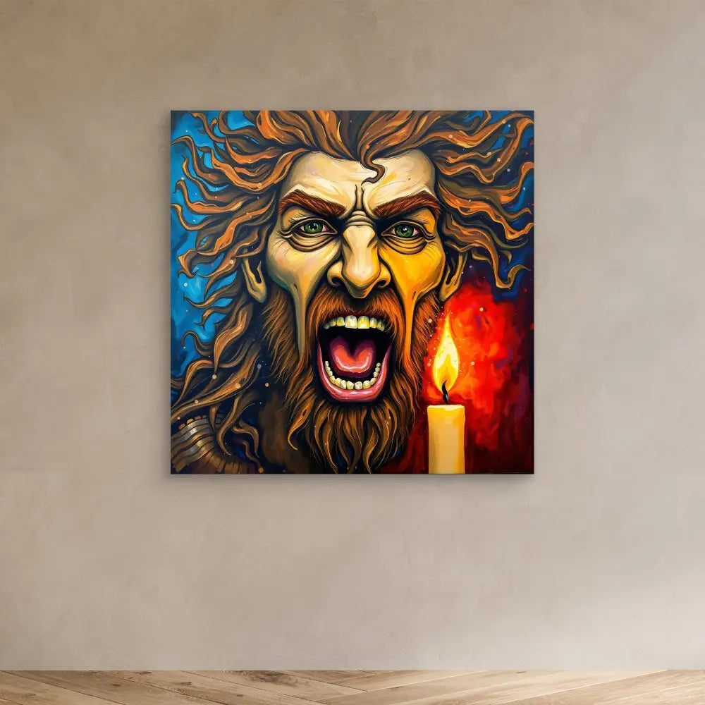 Dramatic painting of a bearded figure screaming beside a lit candle.