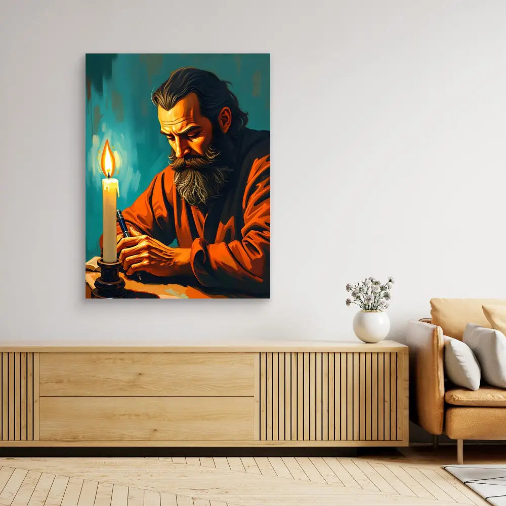 A dramatic painting of a bearded figure in orange clothing examining something by candlelight.