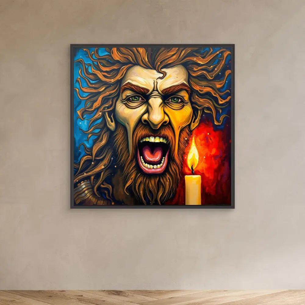 A dramatic painting of a bearded figure with wild hair screaming beside a lit candle.