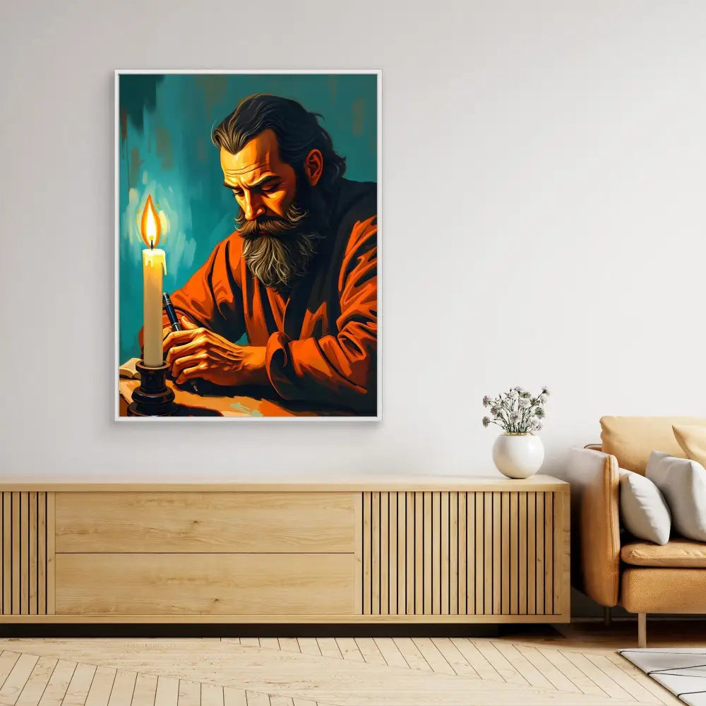 A dramatic painting of a bearded man in orange clothing examining something by candlelight.