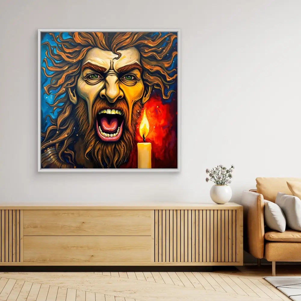 A dramatic painting of a bearded man’s face yelling beside a lit candle.