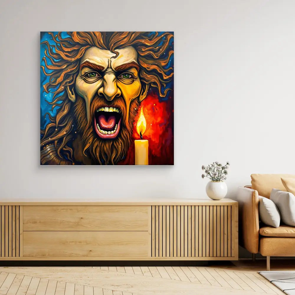 A dramatic painting of a bearded man’s face with wild hair yelling beside a lit candle.