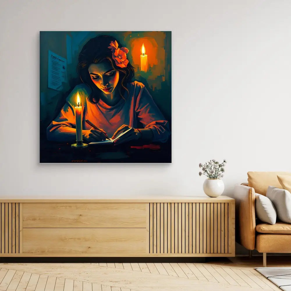 A dramatic painting of someone reading by candlelight with a red flower in their hair.