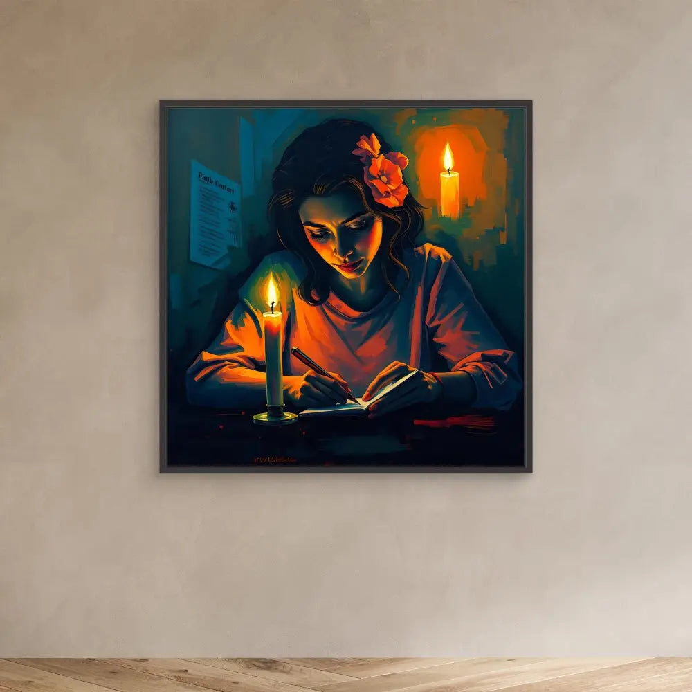 A dramatic painting of someone reading by candlelight with warm orange illumination against deep blue shadows.