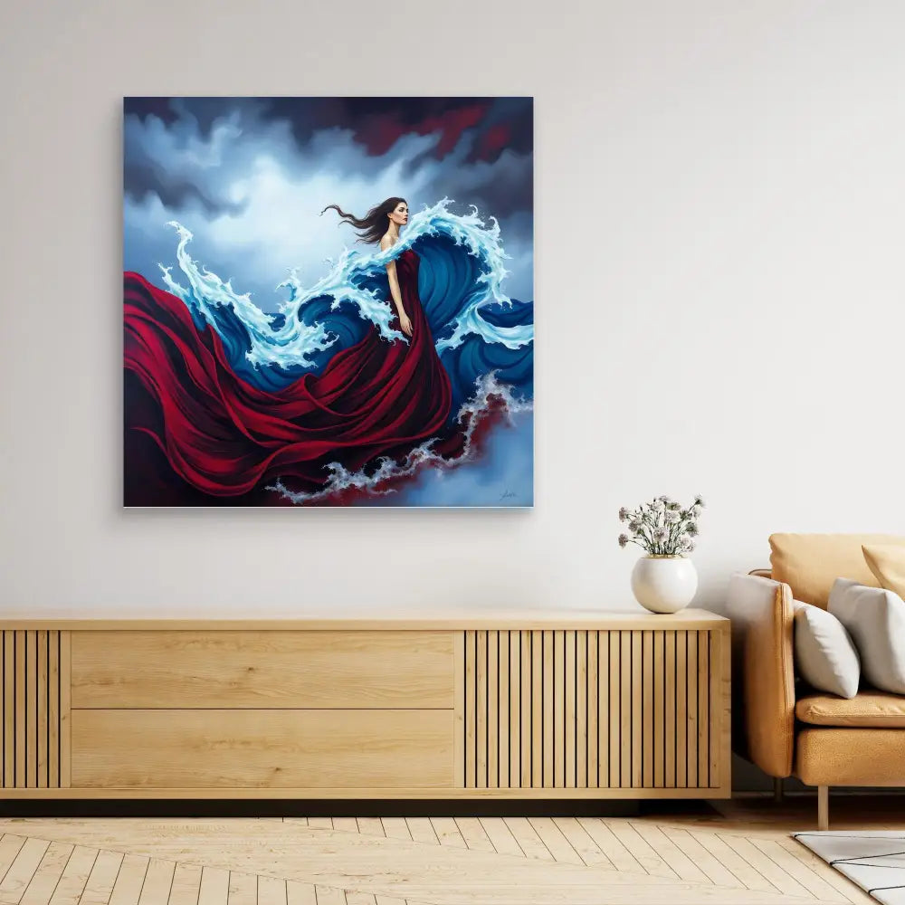 A dramatic painting of a dancer in a flowing red dress surrounded by swirling blue clouds.