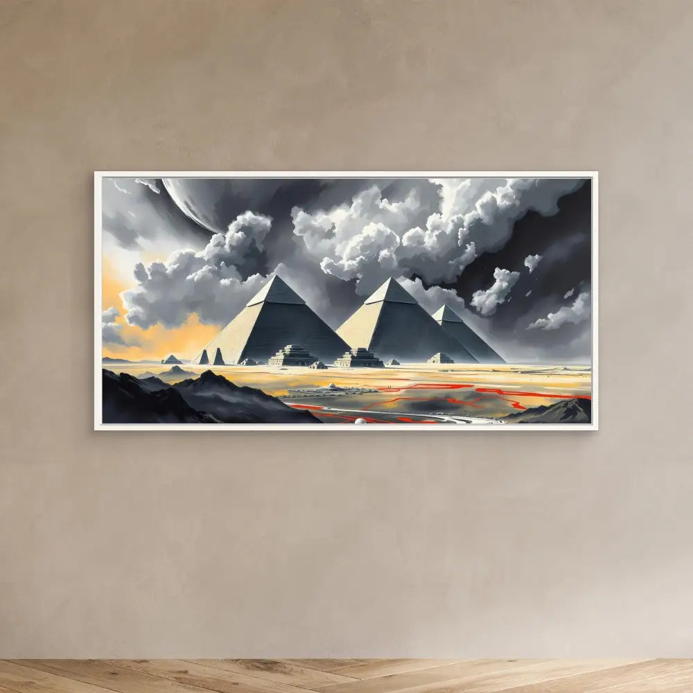 A dramatic painting of Egyptian pyramids under stormy skies.