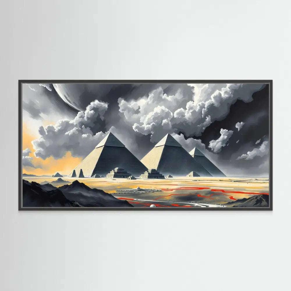 Dramatic painting of Egyptian pyramids under stormy skies.