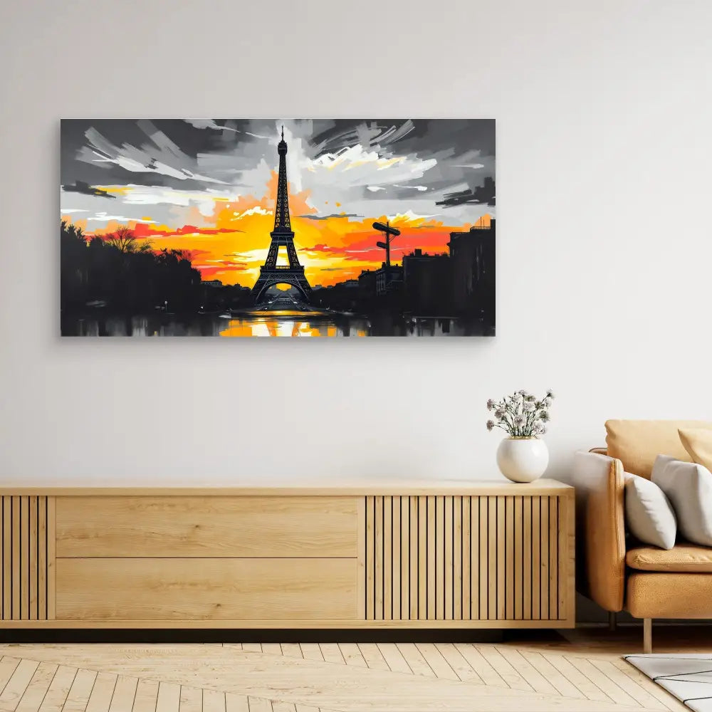 A dramatic painting of the Eiffel Tower silhouetted against an orange sunset sky.