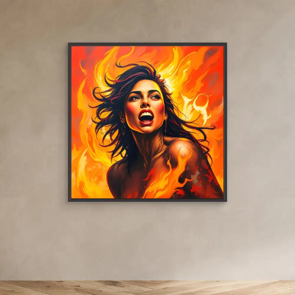 A dramatic painting of a figure with flowing dark hair against swirling orange and red flames.