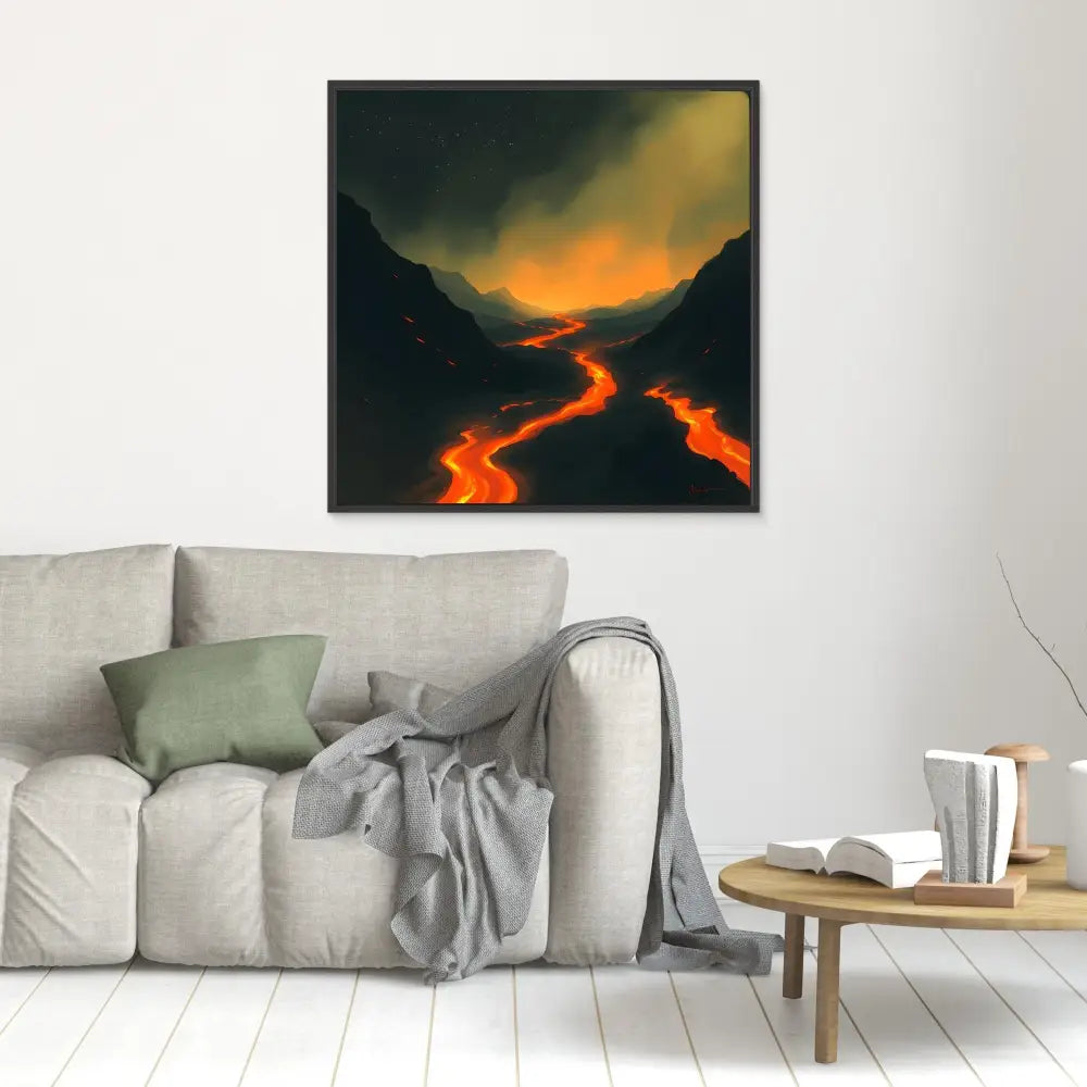 Dramatic painting of glowing lava flows winding through a dark mountainous valley at sunset.