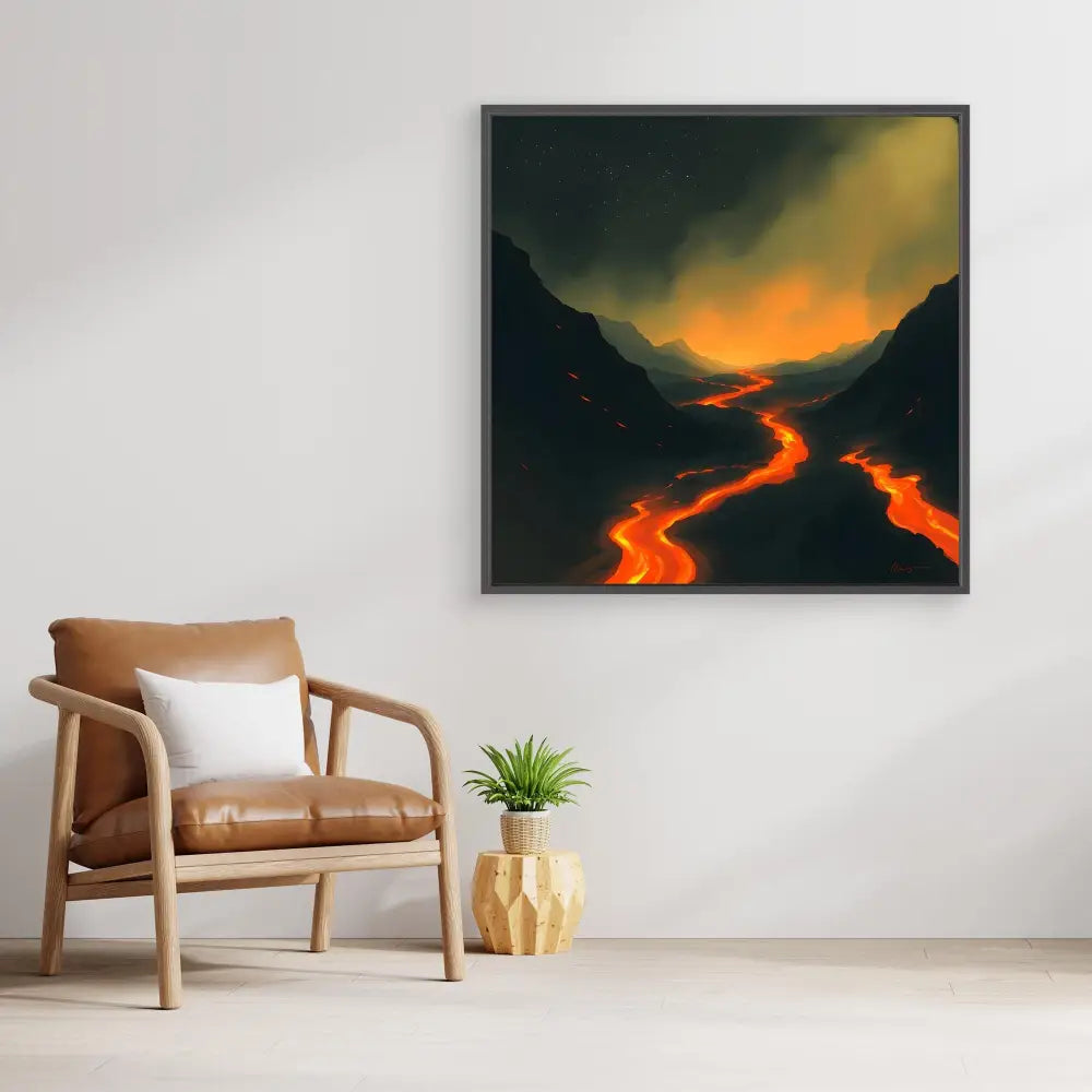 Dramatic painting of glowing lava flows winding through dark mountain valleys at sunset.