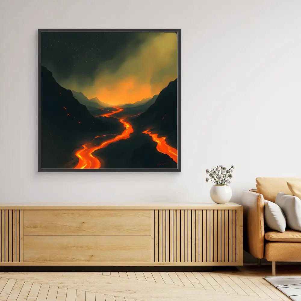 A dramatic painting of glowing lava rivers flowing through a dark mountainous valley at sunset.