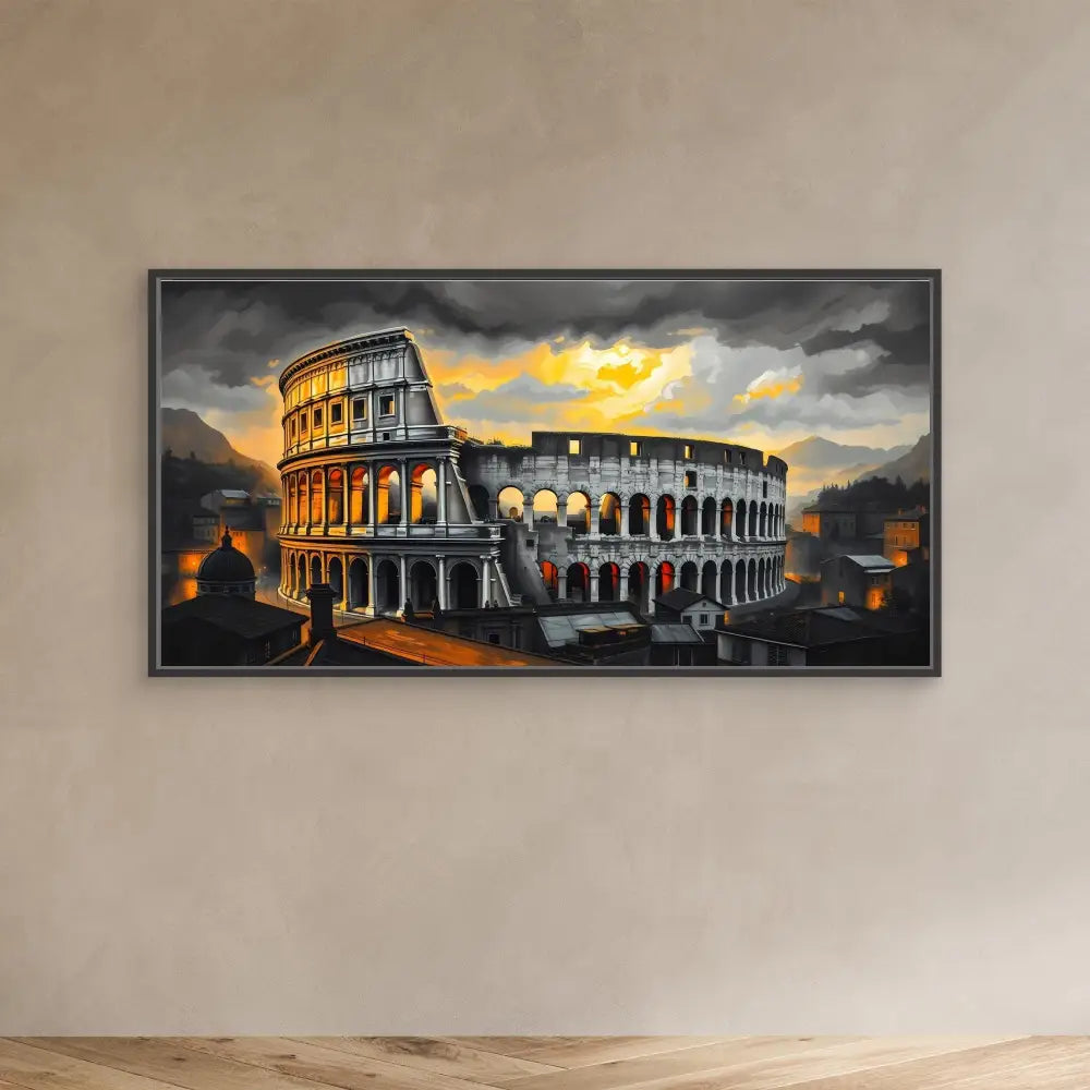 A dramatic painting of the Roman Colosseum at sunset with glowing orange skies and dark clouds.