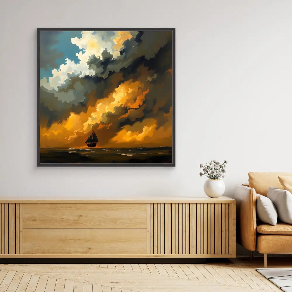 A dramatic painting of a sailboat beneath stormy orange and dark clouds.