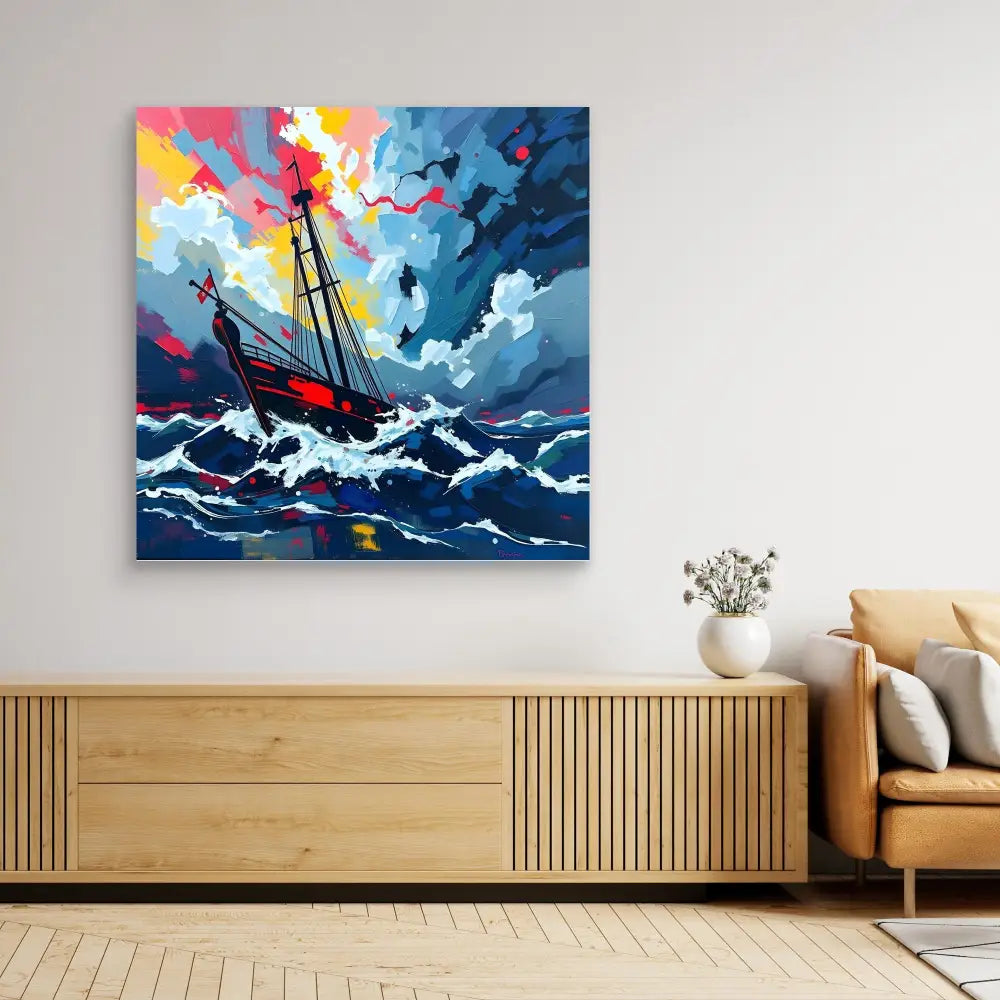 Dramatic painting of a sailing ship battling stormy seas under a colorful sky.