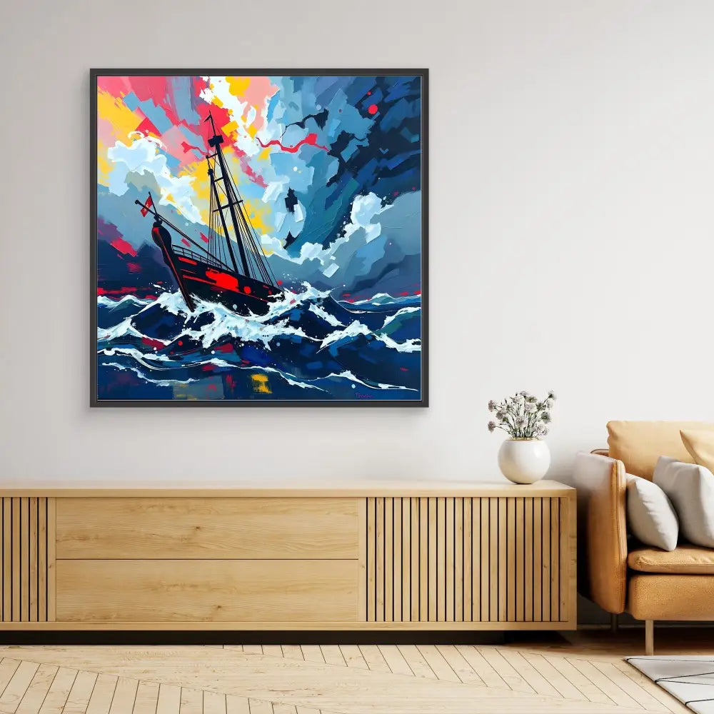 A dramatic painting of a sailing ship battling stormy seas under a colorful sky.