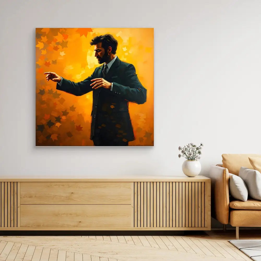 A dramatic painting of a silhouetted figure in a suit against an orange backdrop.