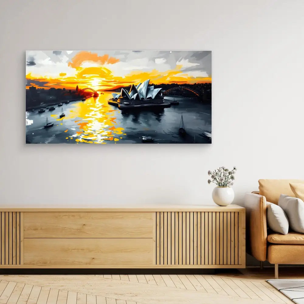 A dramatic painting of the Sydney Opera House at sunset with orange and yellow reflections on the harbor water.