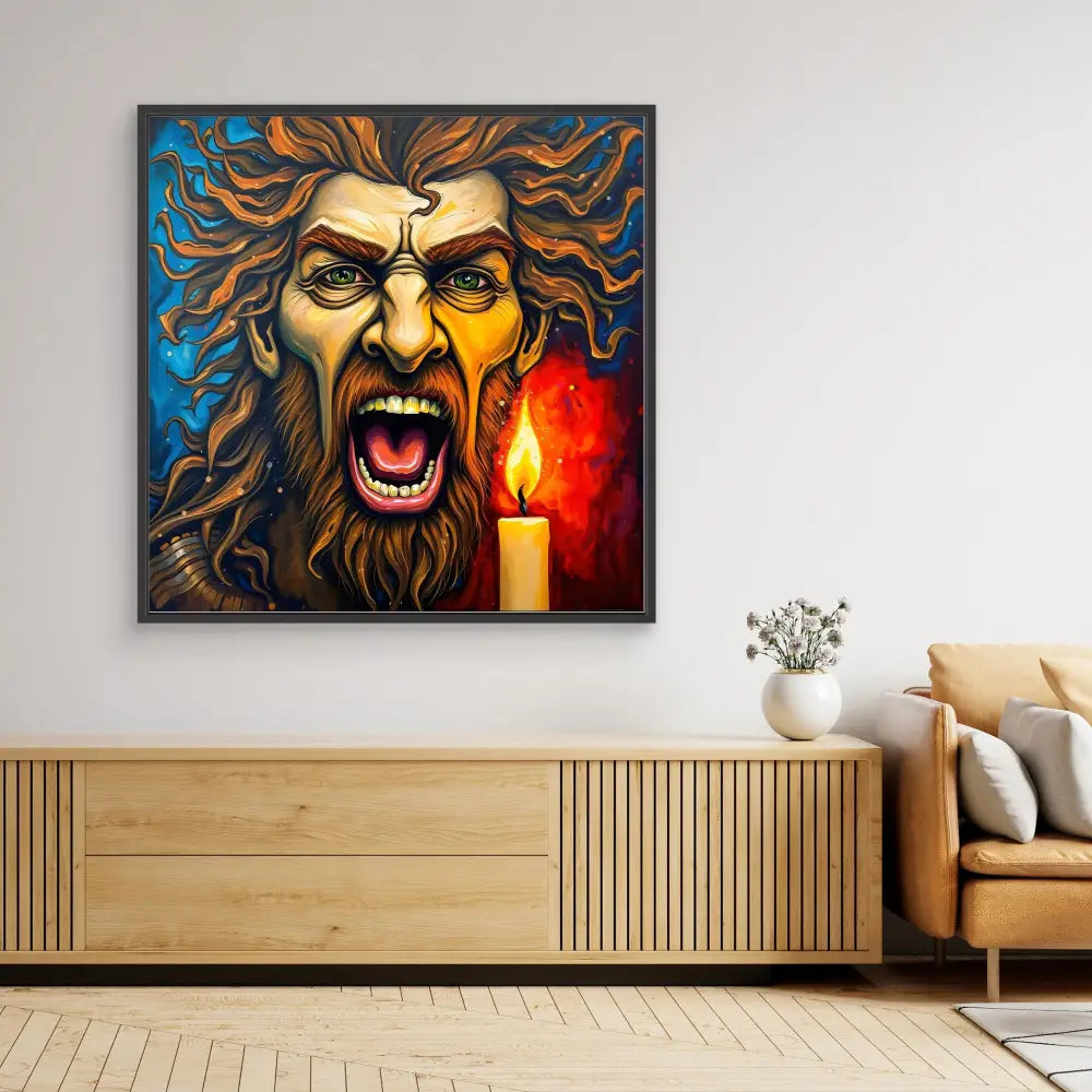 A dramatic painting of a wild-eyed bearded figure screaming beside a lit candle.