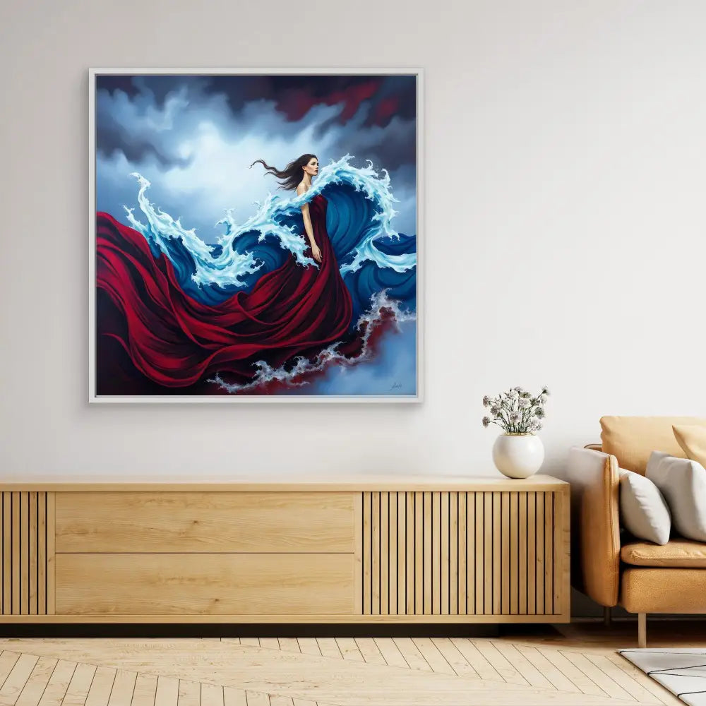 A dramatic painting of a woman in a flowing red dress floating among ethereal clouds.