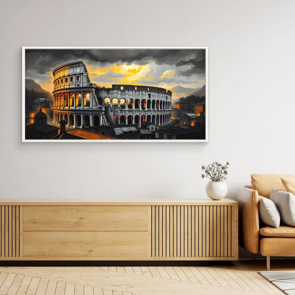 Dramatic panoramic artwork of the Roman Colosseum at sunset with stormy skies.