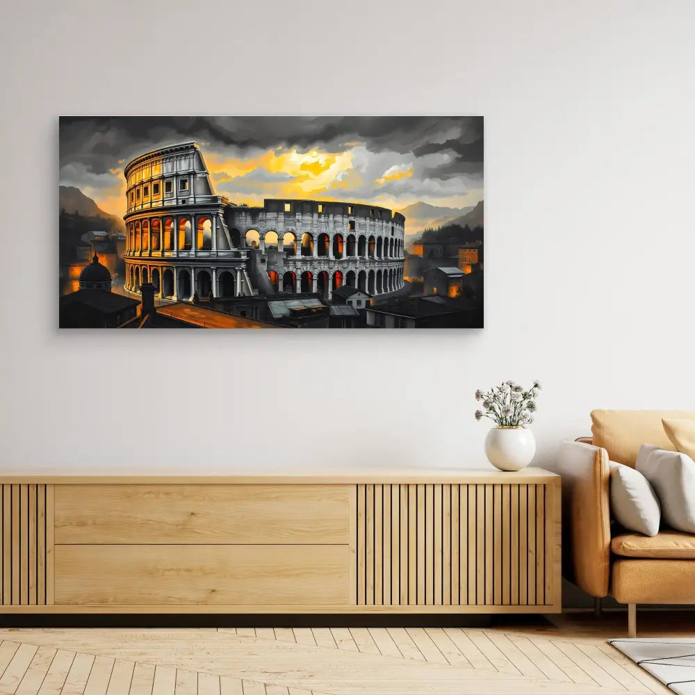 Dramatic panoramic artwork of the Roman Colosseum illuminated against a stormy sunset sky.