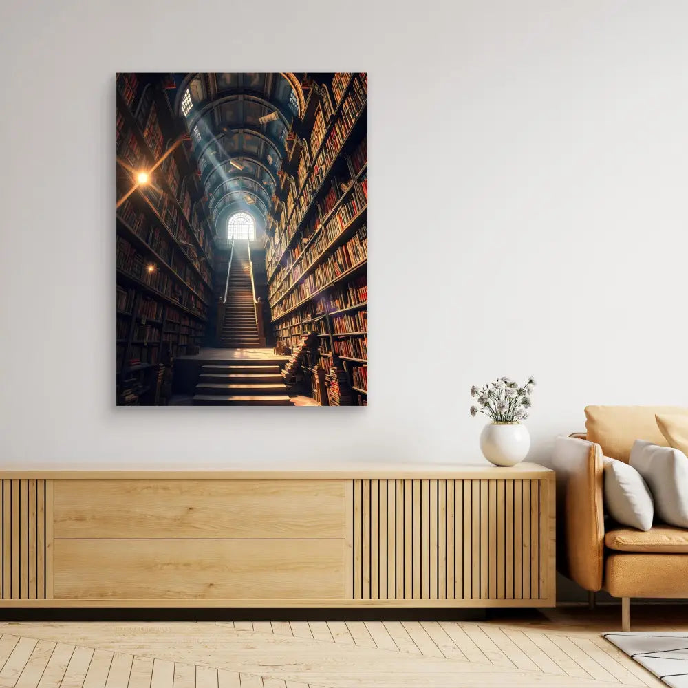 A dramatic photograph of library stairs ascending between towering bookshelves with light streaming from above.