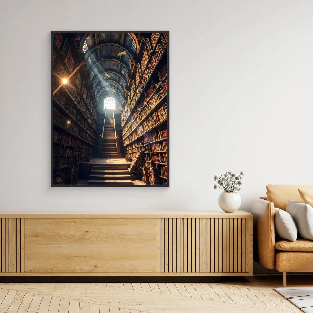 A dramatic photograph of library stairs ascending between towering bookshelves.