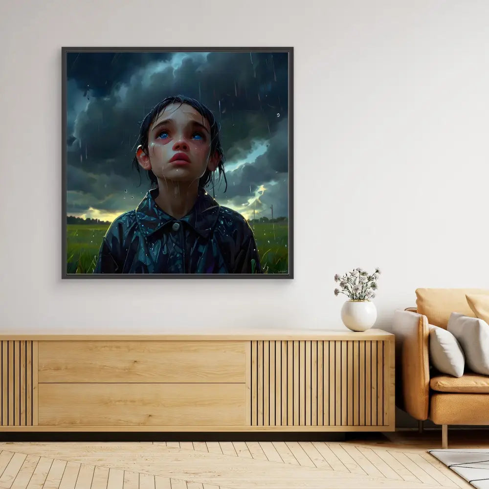 A dramatic photograph of someone looking upward in the rain against stormy clouds.