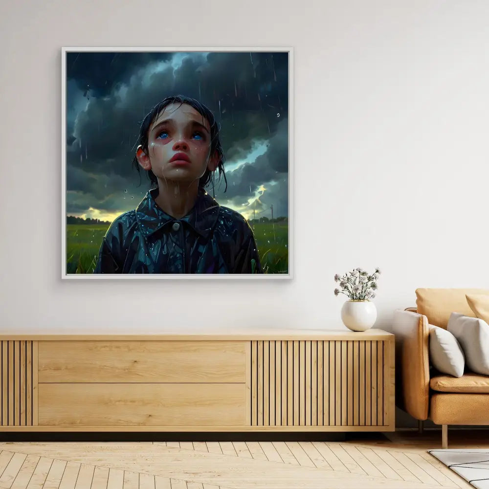 A dramatic photograph showing someone gazing upward during a rainstorm against dark storm clouds.