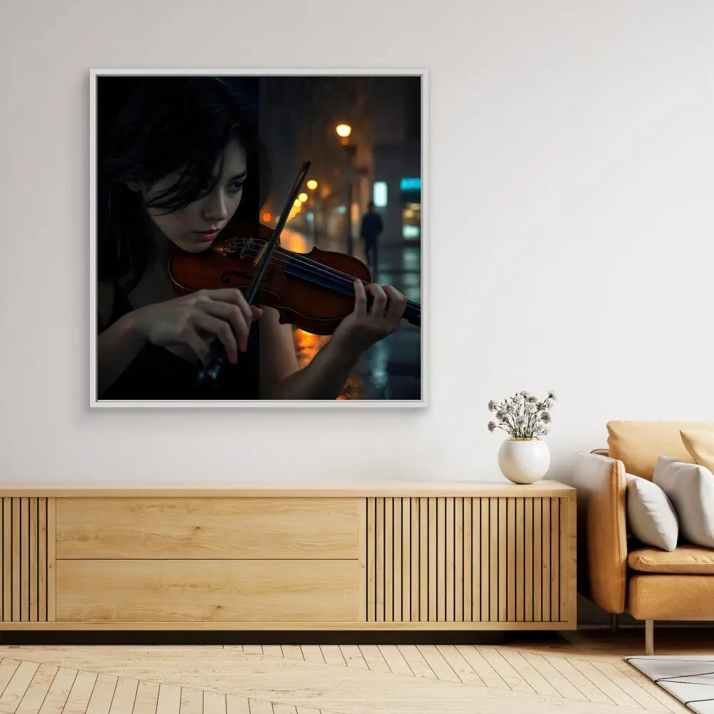 A dramatic photograph of a violinist performing at night with city lights bokeh.