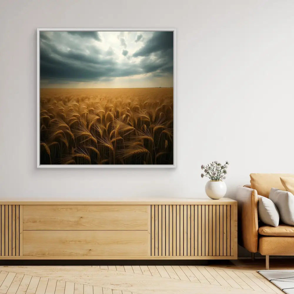 Dramatic photograph of a wheat field under stormy clouds at sunset.