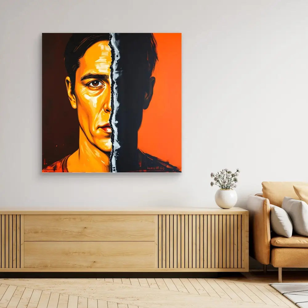 A dramatic pop art portrait painting with half the face in shadow against an orange background.